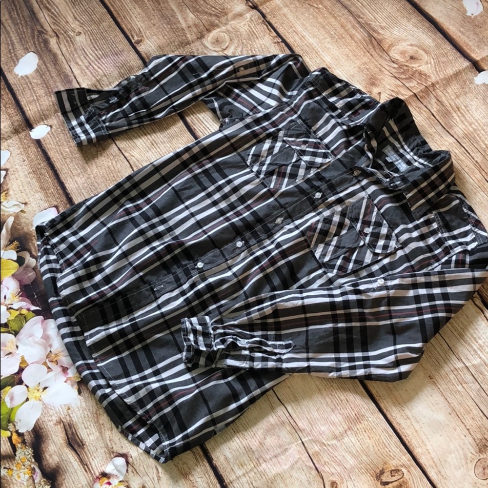 Black & White with Red Plaid Button Down